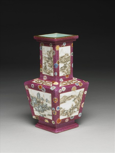 洋彩錦上添花山水圖方勝瓶