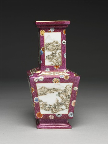 洋彩錦上添花山水圖方勝瓶