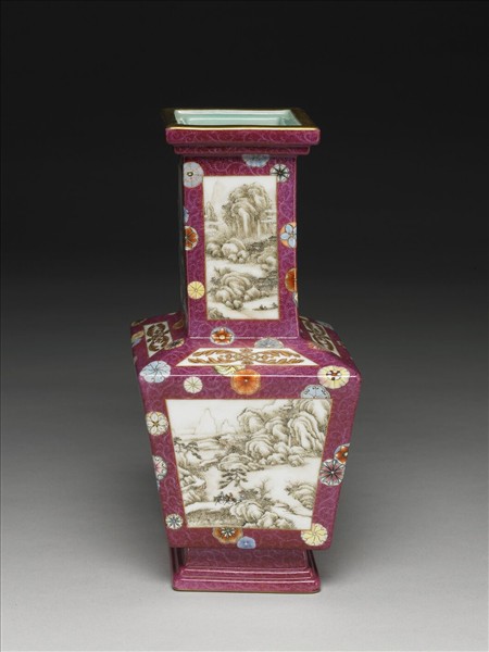 洋彩錦上添花山水圖方勝瓶