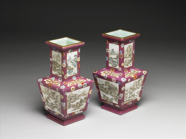 洋彩錦上添花山水圖方勝瓶