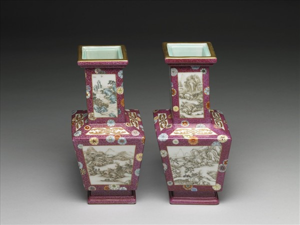 洋彩錦上添花山水圖方勝瓶