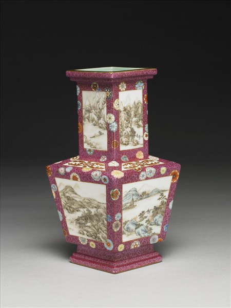 洋彩錦上添花山水圖方勝瓶