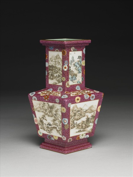 洋彩錦上添花山水圖方勝瓶