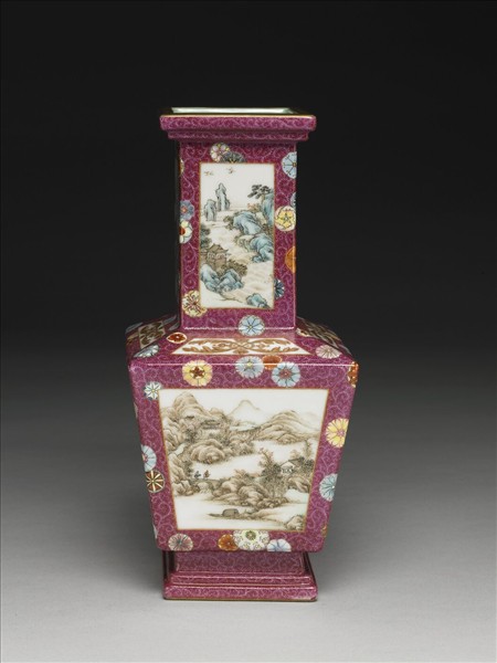 洋彩錦上添花山水圖方勝瓶