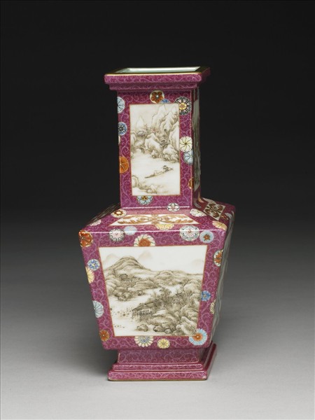 洋彩錦上添花山水圖方勝瓶