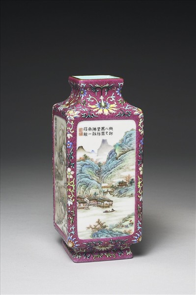 洋彩錦上添花山水詩意圖方瓶