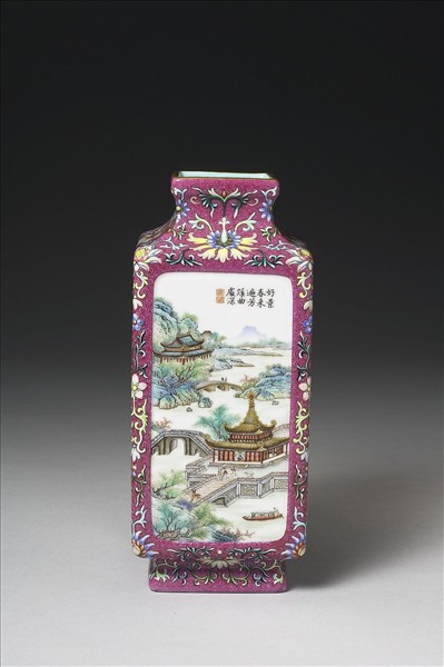 洋彩錦上添花山水詩意圖方瓶