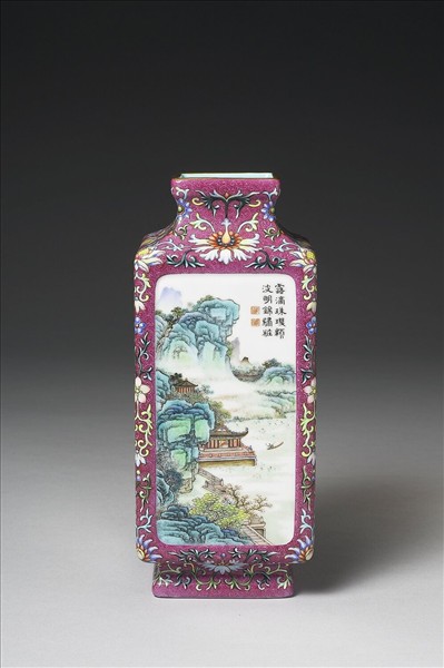 洋彩錦上添花山水詩意圖方瓶