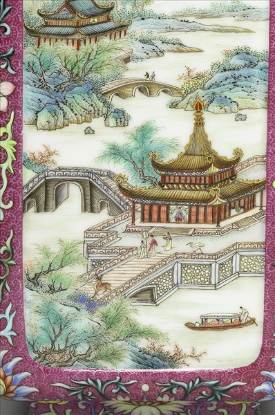 洋彩錦上添花山水詩意圖方瓶