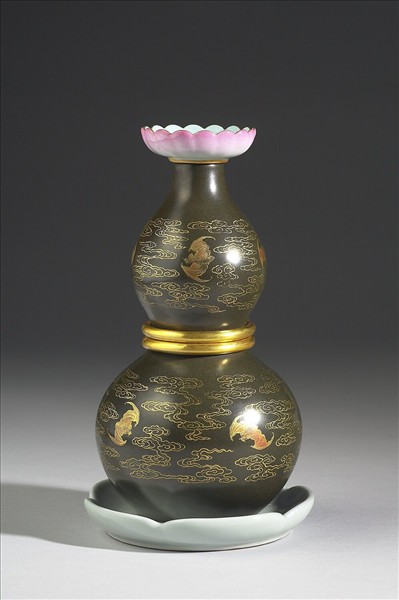 洋彩茶葉末釉金花葫蘆轉旋瓶