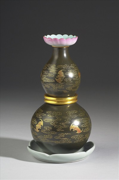 洋彩茶葉末釉金花葫蘆轉旋瓶
