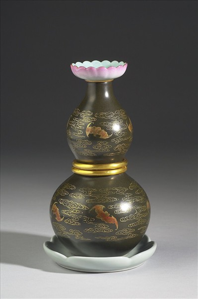 洋彩茶葉末釉金花葫蘆轉旋瓶