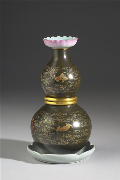 洋彩茶葉末釉金花葫蘆轉旋瓶