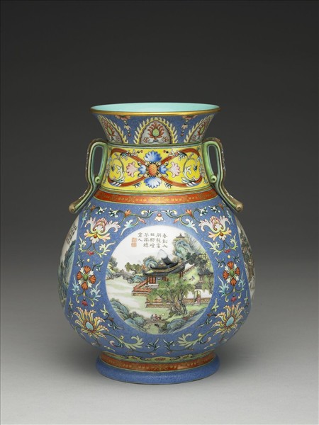 磁胎洋彩翠地山水詩意雙喜罇