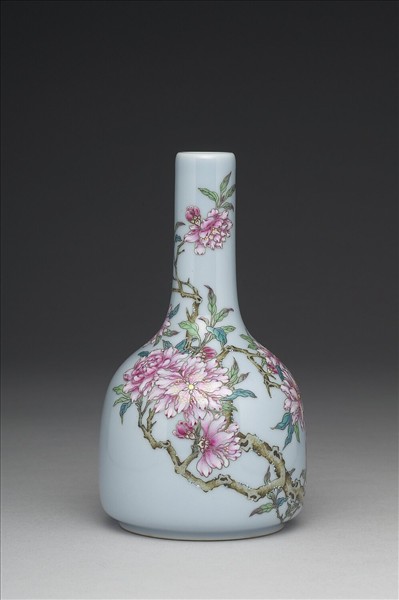 洋彩藍地碧桃詩意雙陸瓶