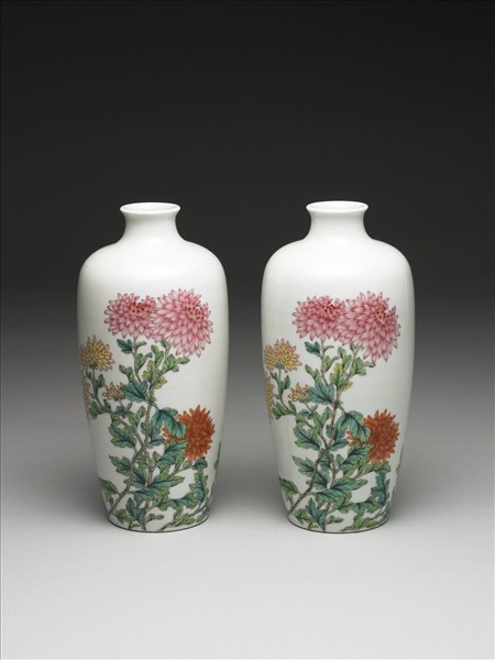 洋彩詩句菊花圖梅瓶