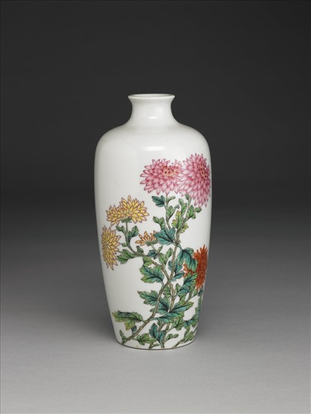 洋彩詩句菊花圖梅瓶