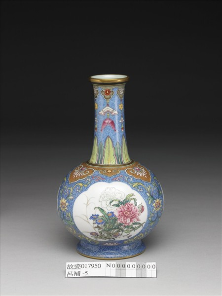 洋彩藍錦地剔花開光花卉瓶