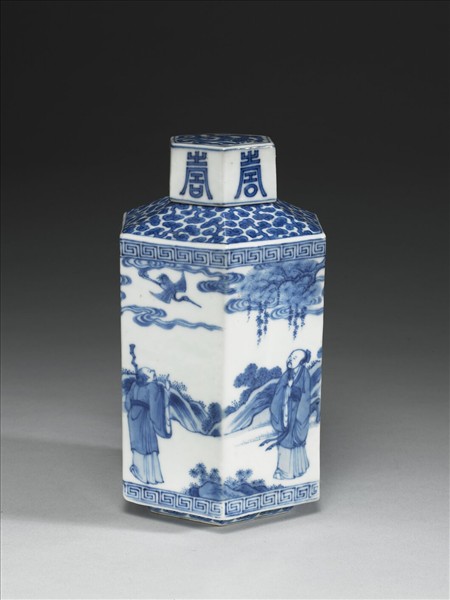 青花山水人物圖六方蓋罐