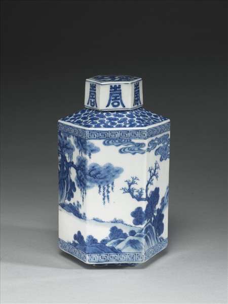 青花山水人物圖六方蓋罐