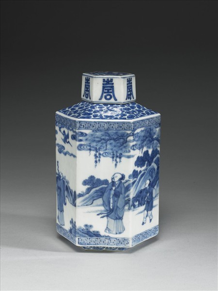 青花山水人物圖六方蓋罐
