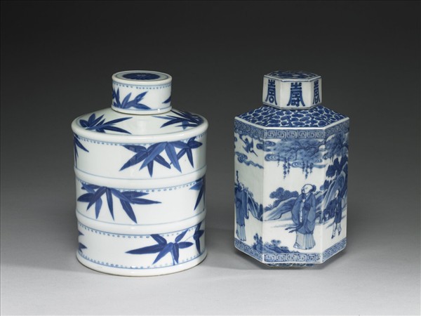 青花山水人物圖六方蓋罐