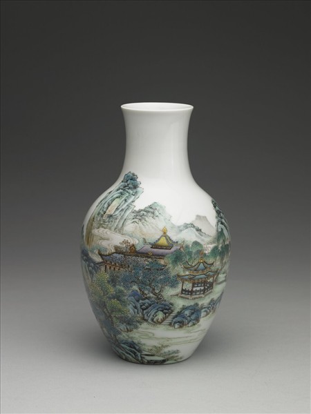 洋彩山水人物觀音瓶