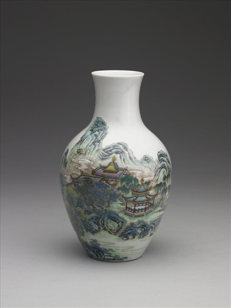 洋彩山水人物觀音瓶