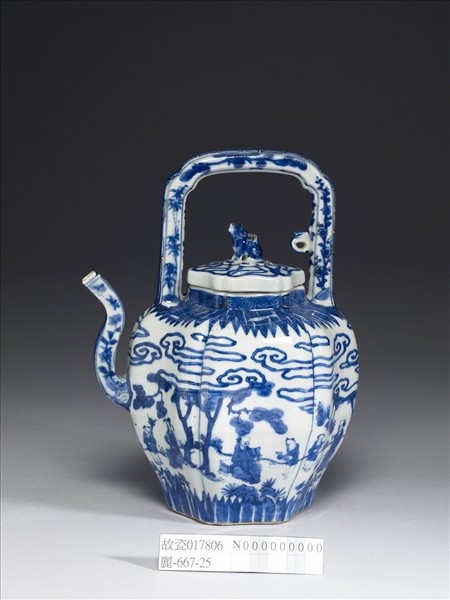 青花高士圖六稜提梁茶壺