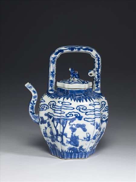 青花高士圖六稜提梁茶壺