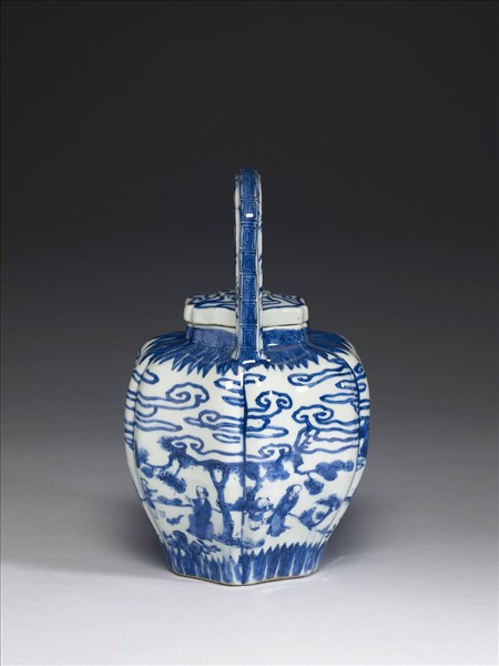 青花高士圖六稜提梁茶壺