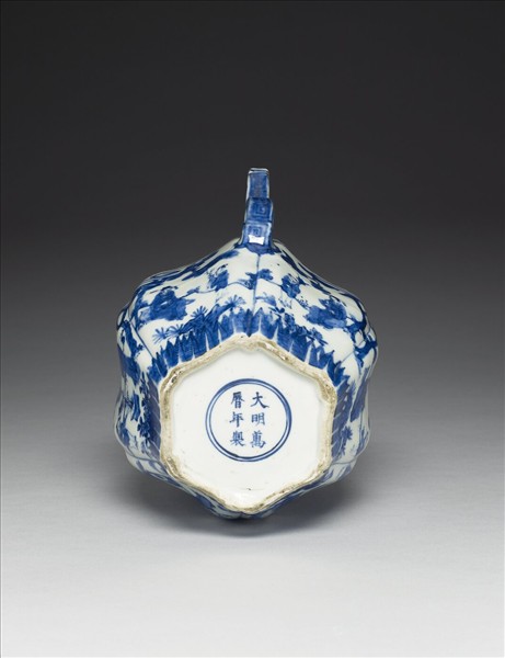 青花高士圖六稜提梁茶壺