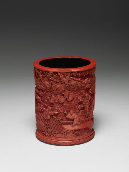 剔紅羲之換鵝圖筆筒