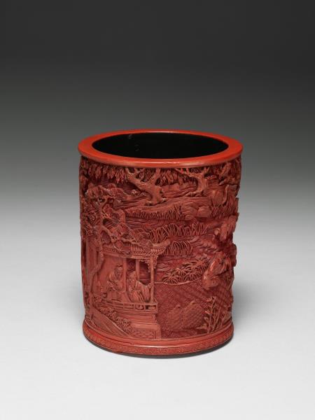 剔紅羲之換鵝圖筆筒