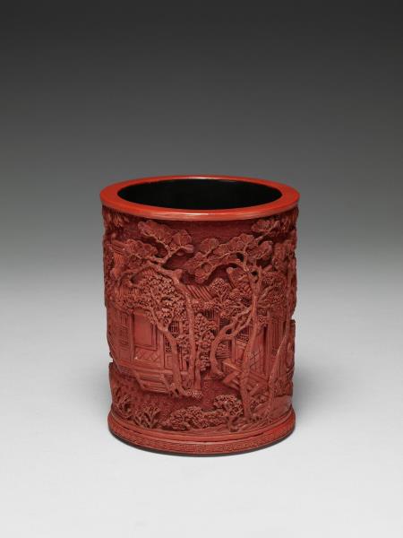 剔紅羲之換鵝圖筆筒