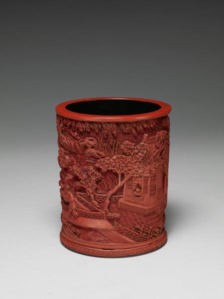 剔紅羲之換鵝圖筆筒