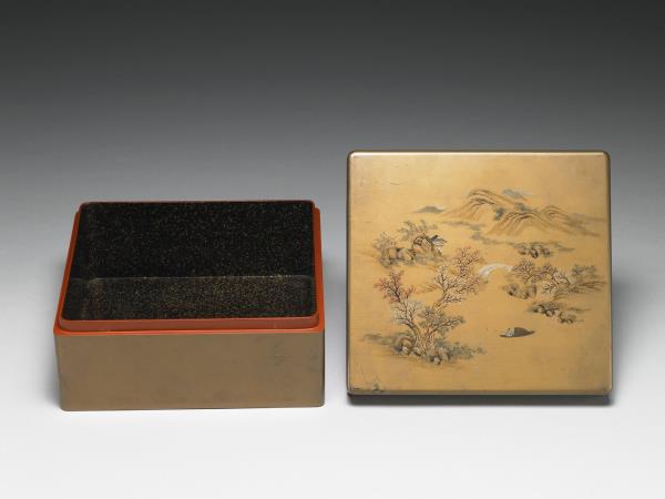 金漆彩繪山水人物長方盒