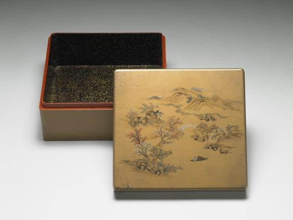 金漆彩繪山水人物長方盒