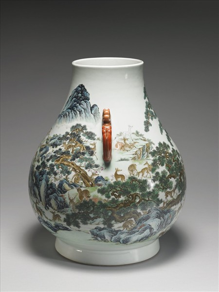 美術品　置物　粉彩雙耳尊　「乾隆御製」銘 粉彩雙耳百鹿尊- 故宮