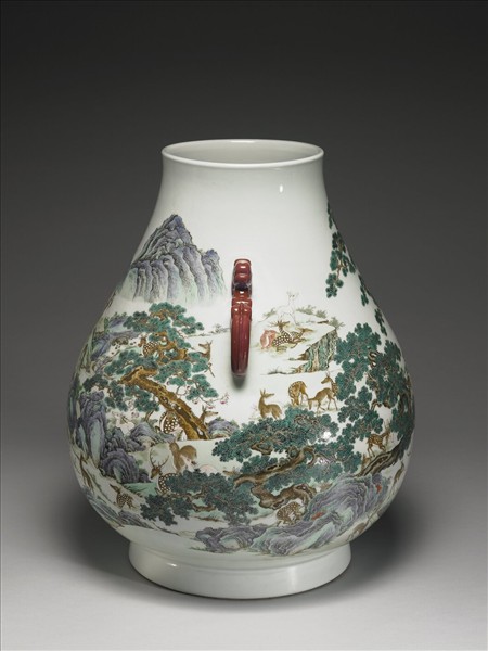 青花五彩百鹿圖尊