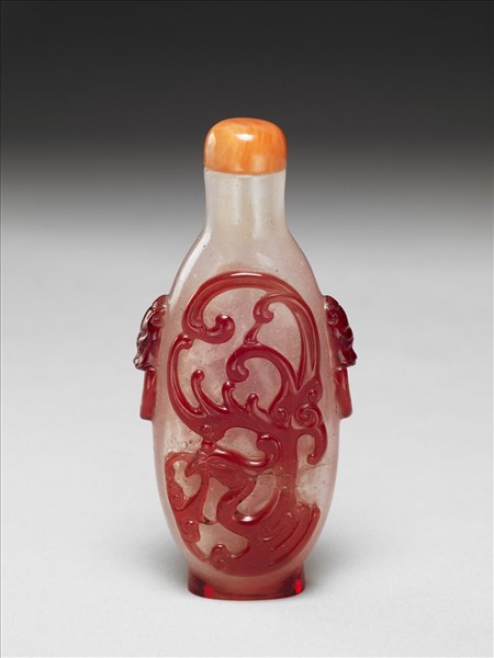 霏雪地套紅玻璃龍鳳紋鼻煙壺