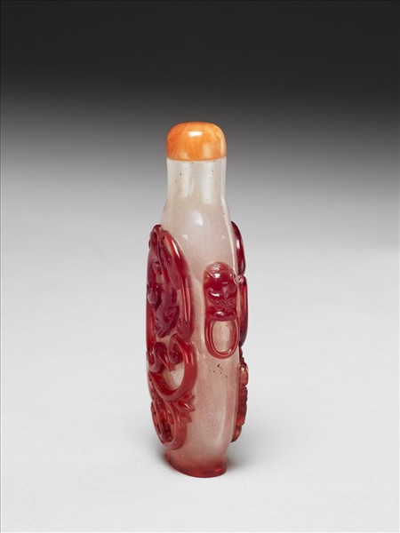 霏雪地套紅玻璃龍鳳紋鼻煙壺