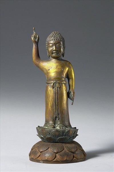 日本 南北朝時代 銅鎏金 誕生佛立像