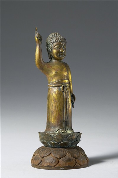 日本 南北朝時代 銅鎏金 誕生佛立像