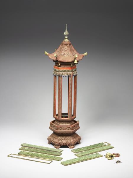 剔紅六角亭式香筒