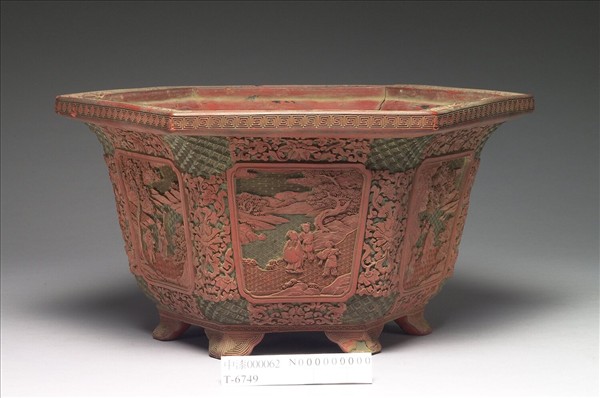 剔彩山水人物圖六方花盆