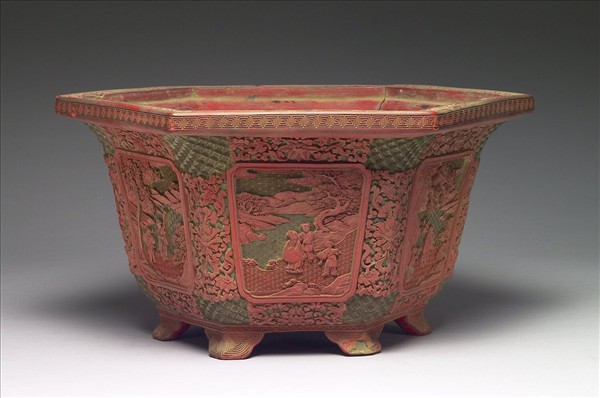 剔彩山水人物圖六方花盆