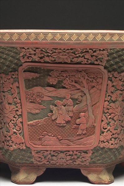 剔彩山水人物圖六方花盆