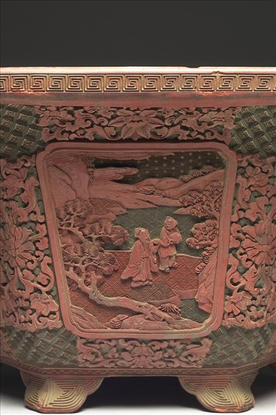 剔彩山水人物圖六方花盆