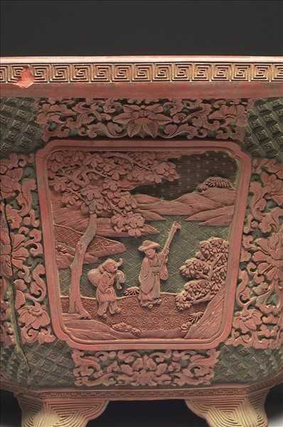 剔彩山水人物圖六方花盆